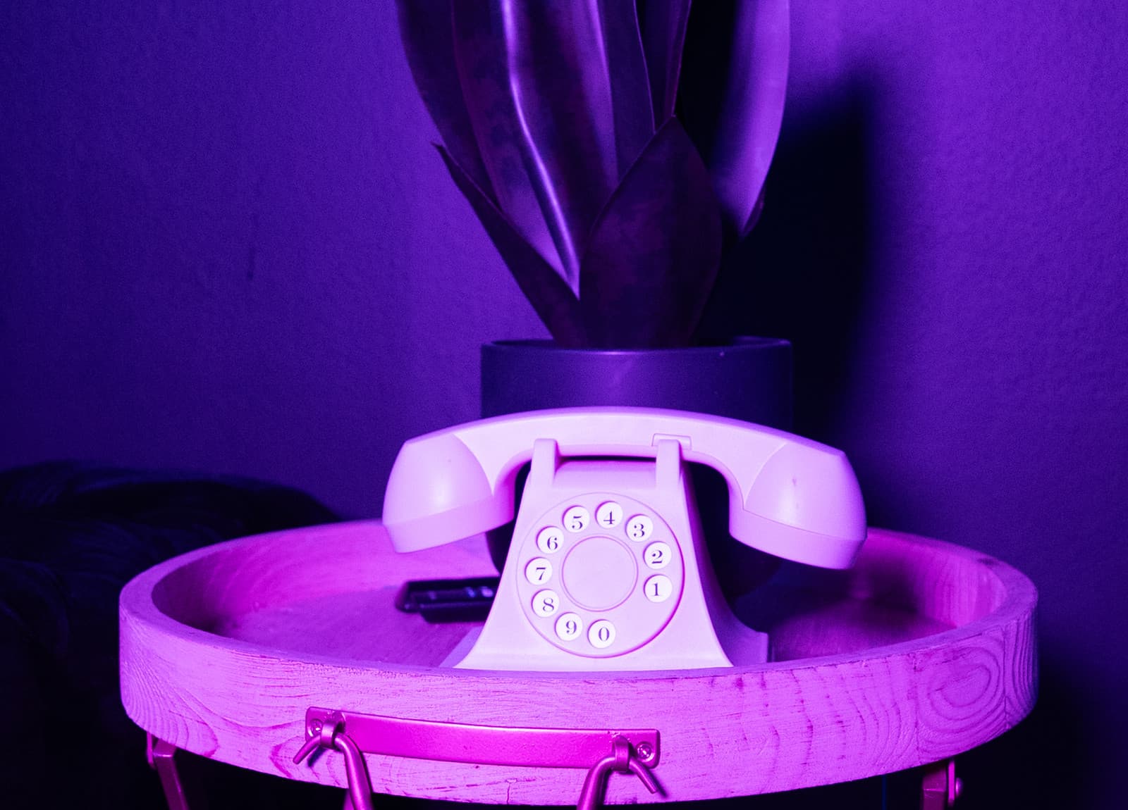 Pink ambient detail — rotary phone and tray styling